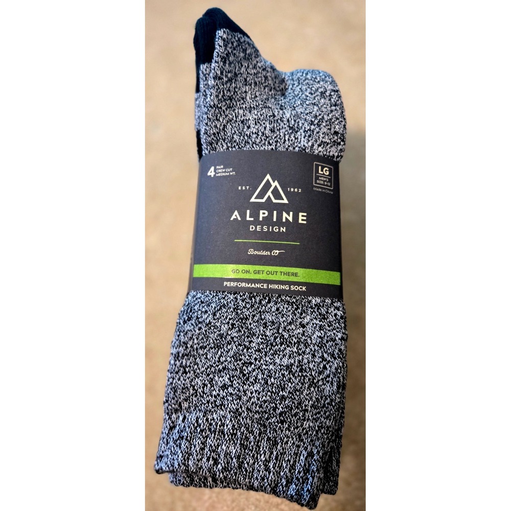 Alpine Design Performance Hiking Sock Men's‎ Large Black 4-Pak